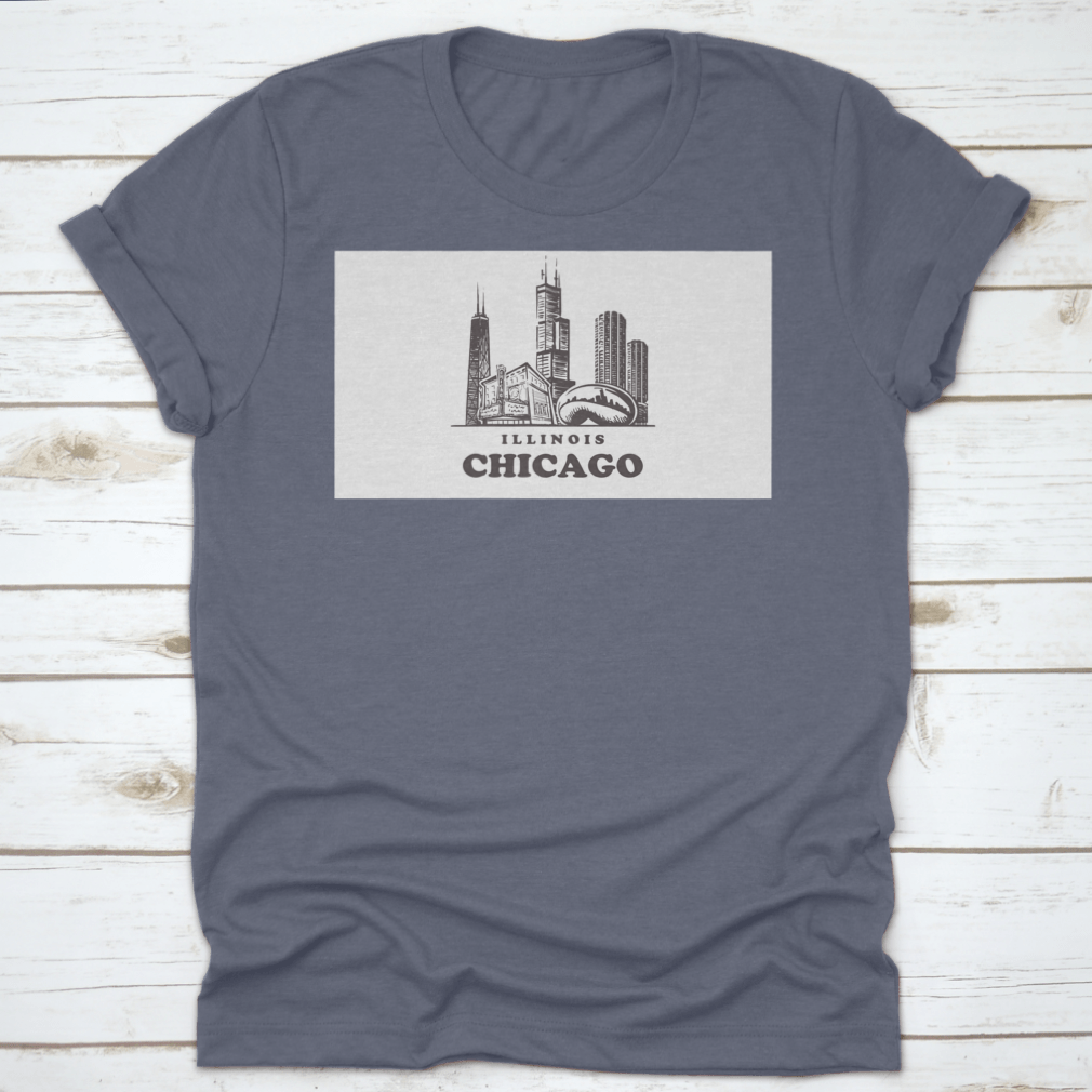 Chicago Sketch Skyline t-shirt featuring a hand-drawn vector design of the Chicago skyline on a soft cotton fabric.