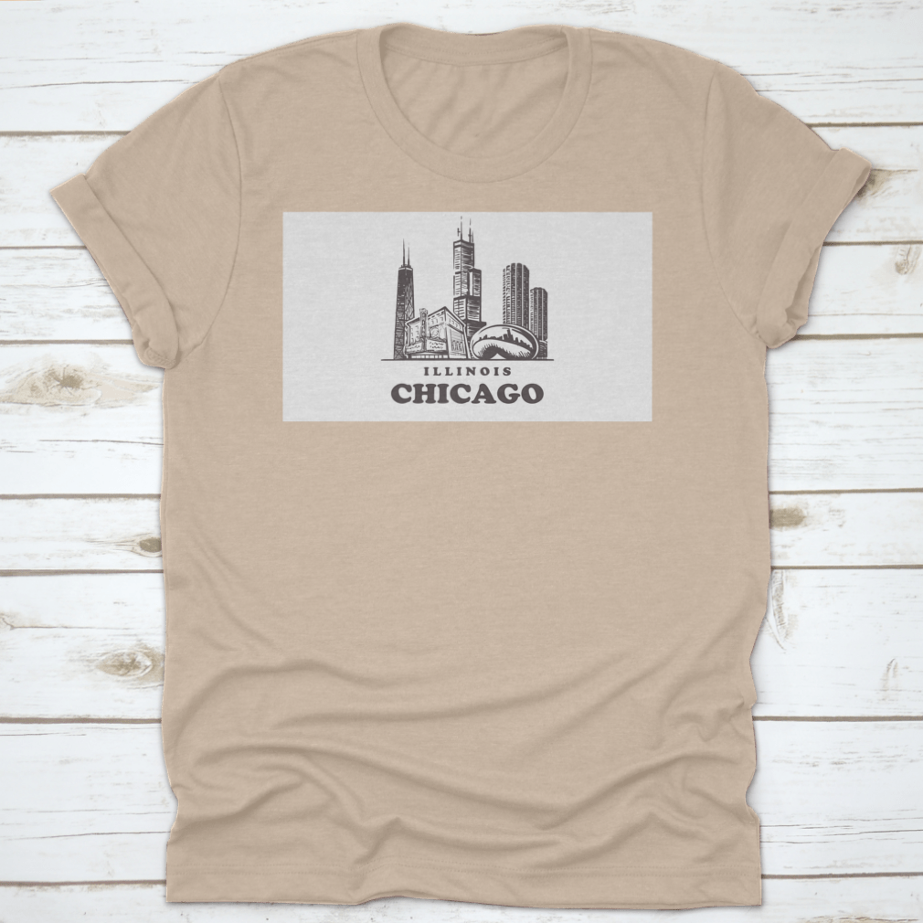 Chicago Sketch Skyline t-shirt featuring a hand-drawn vector design of the Chicago skyline on a soft cotton fabric.
