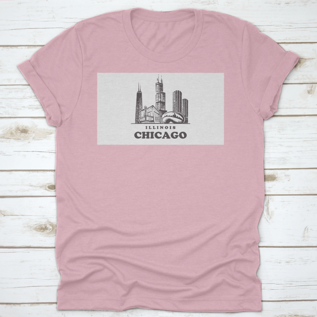 Chicago Sketch Skyline t-shirt featuring a hand-drawn vector design of the Chicago skyline on a soft cotton fabric.