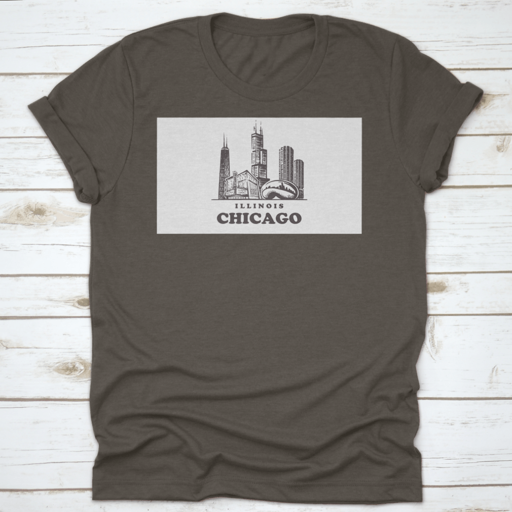 Chicago Sketch Skyline t-shirt featuring a hand-drawn vector design of the Chicago skyline on a soft cotton fabric.