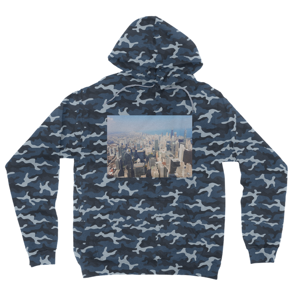 Chicago Skyline Camouflage Adult Hoodie featuring a trendy camo design, double fabric hood, and kangaroo pouch pocket.