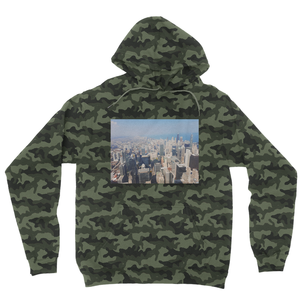 Chicago Skyline Camouflage Adult Hoodie featuring a trendy camo design, double fabric hood, and kangaroo pouch pocket.