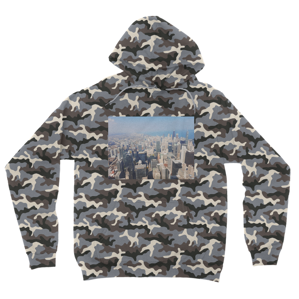 Chicago Skyline Camouflage Adult Hoodie featuring a trendy camo design, double fabric hood, and kangaroo pouch pocket.