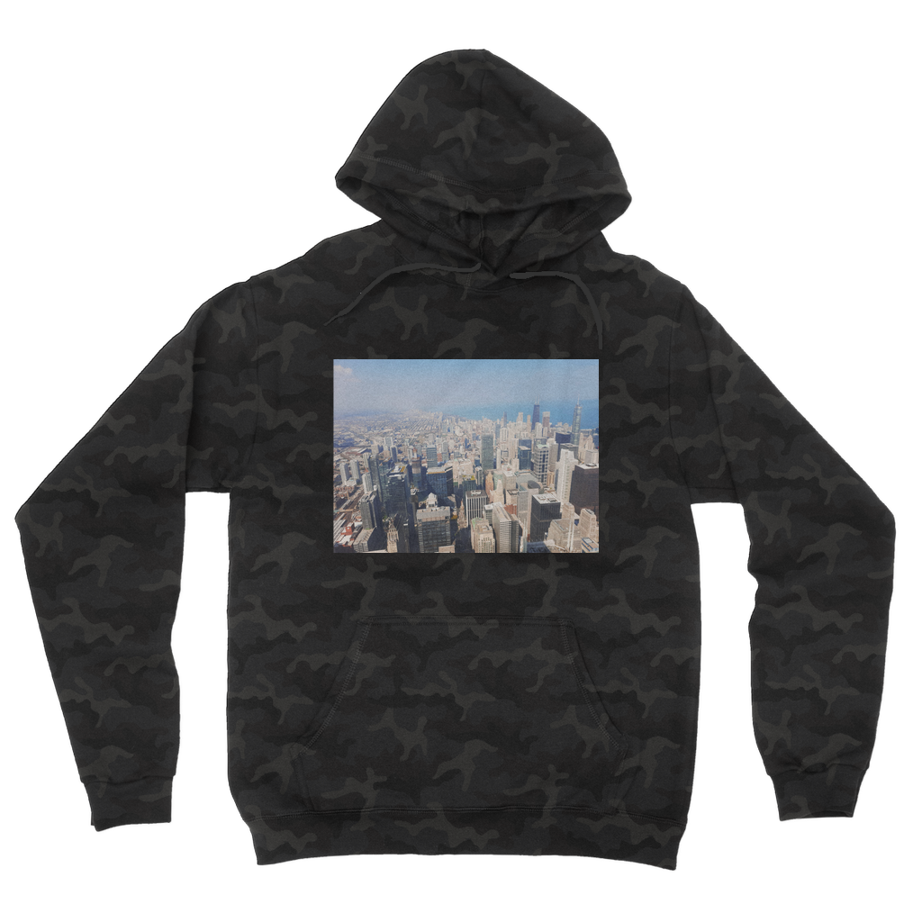 Chicago Skyline Camouflage Adult Hoodie featuring a trendy camo design, double fabric hood, and kangaroo pouch pocket.