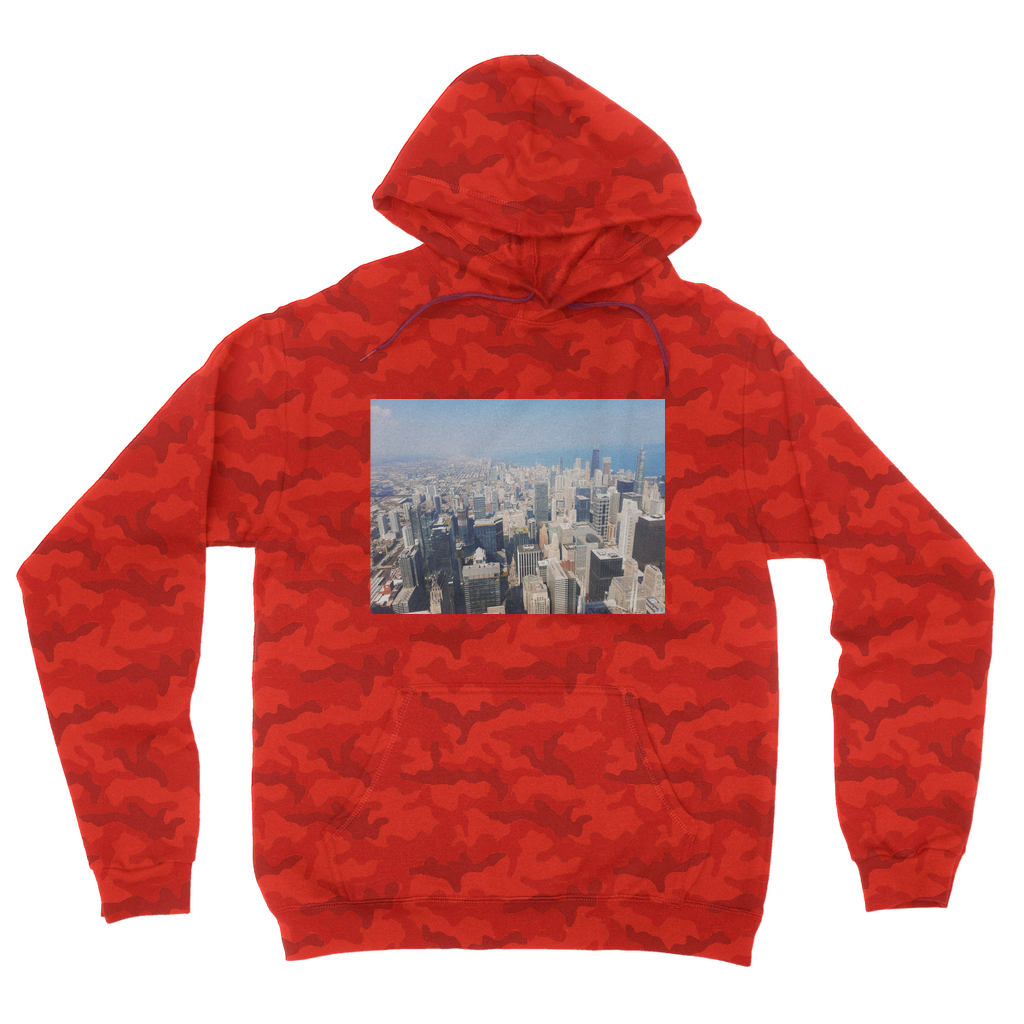 Chicago Skyline Camouflage Adult Hoodie featuring a trendy camo design, double fabric hood, and kangaroo pouch pocket.