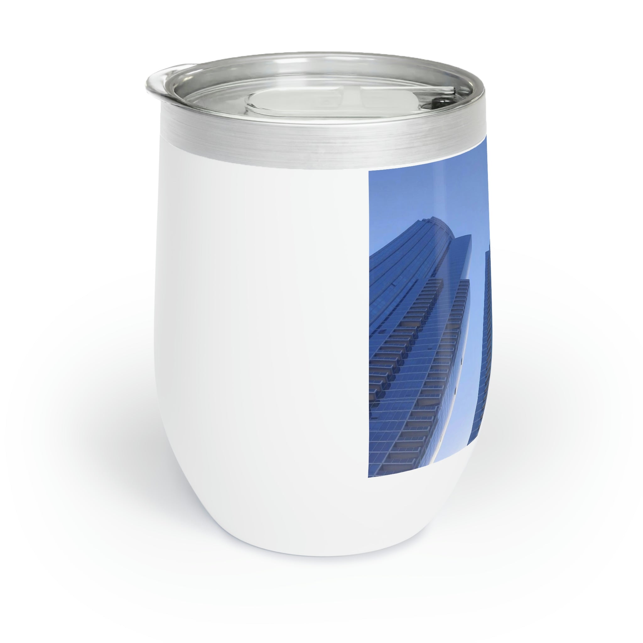 Chicago Skyline Chill Wine Tumbler showcasing a modern design with double-insulated walls and a stunning skyline print.