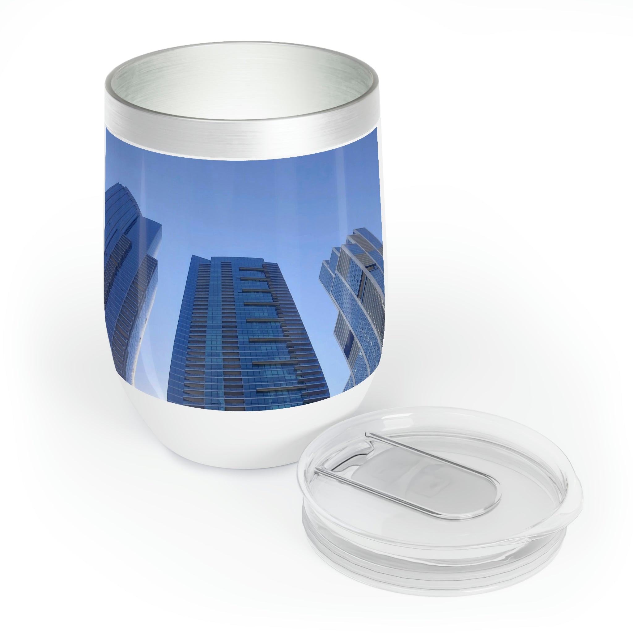 Chicago Skyline Chill Wine Tumbler showcasing a modern design with double-insulated walls and a stunning skyline print.