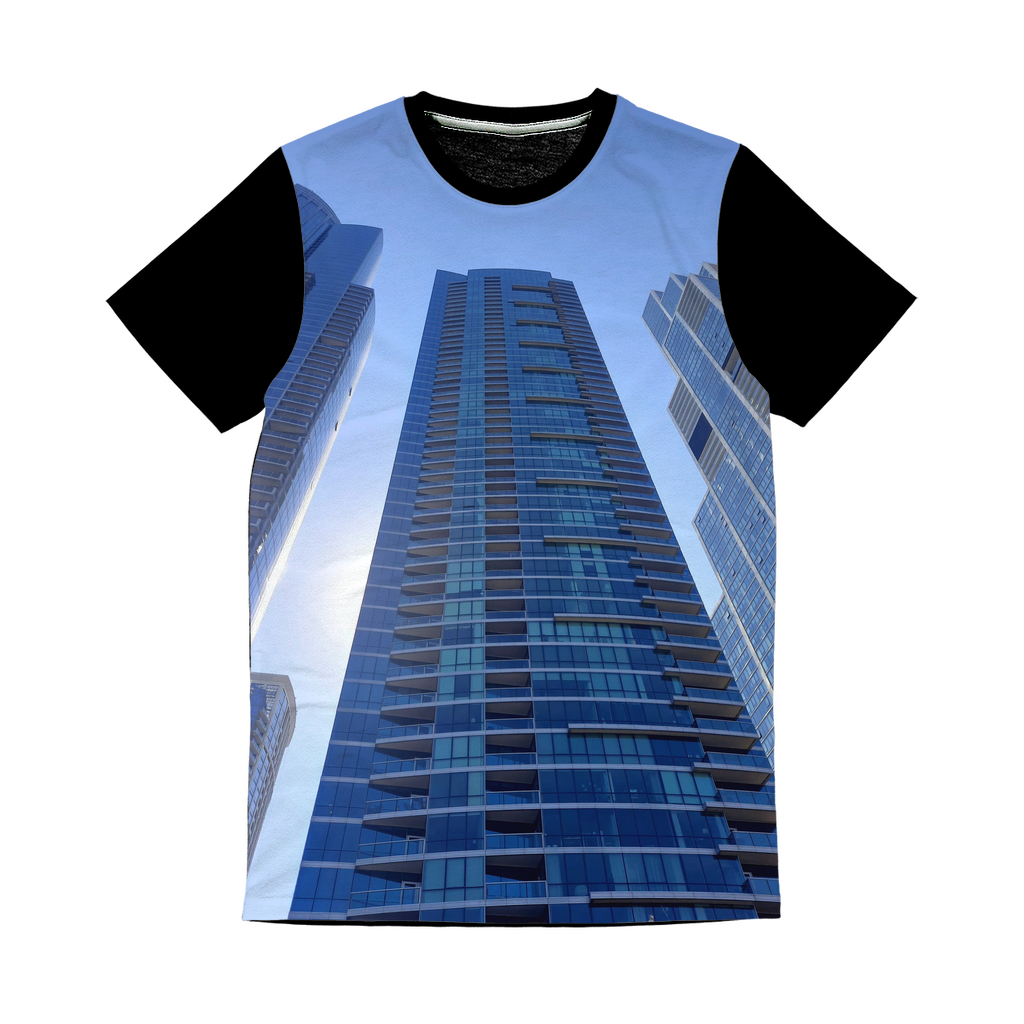 Chicago Skyline Classic Sublimation Panel T-Shirt featuring vibrant front design and plain black back, perfect for sublimation printing.