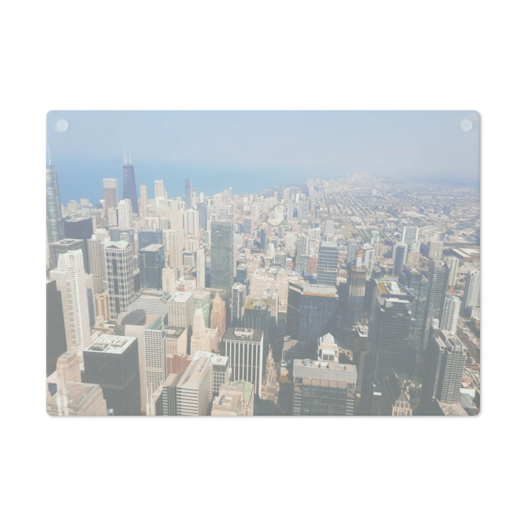 Chicago Skyline Cutting Board made of tempered glass with rubber dots for stability, featuring a beautiful skyline design.