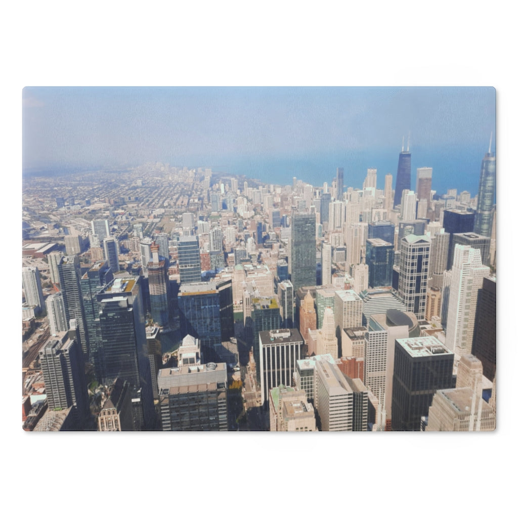 Chicago Skyline Cutting Board made of tempered glass with rubber dots for stability, featuring a beautiful skyline design.