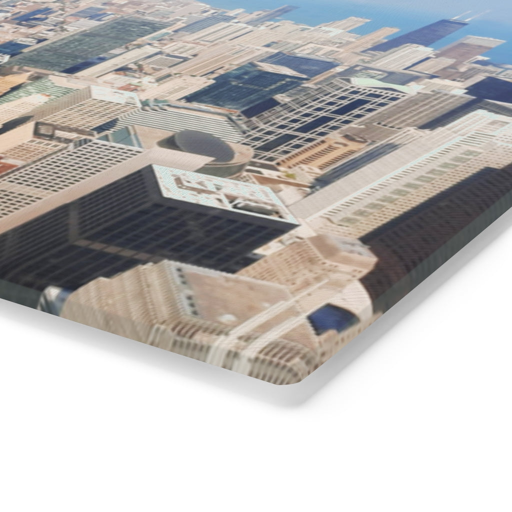 Chicago Skyline Cutting Board made of tempered glass with rubber dots for stability, featuring a beautiful skyline design.