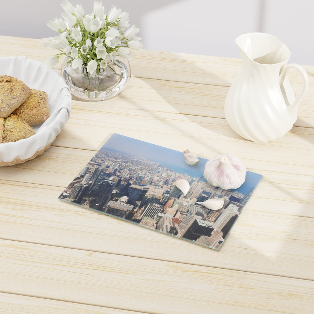 Chicago Skyline Cutting Board made of tempered glass with rubber dots for stability, featuring a beautiful skyline design.