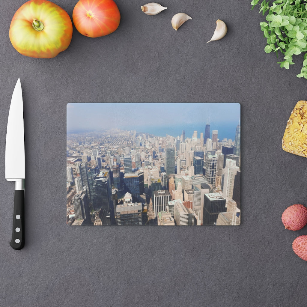 Chicago Skyline Cutting Board made of tempered glass with rubber dots for stability, featuring a beautiful skyline design.