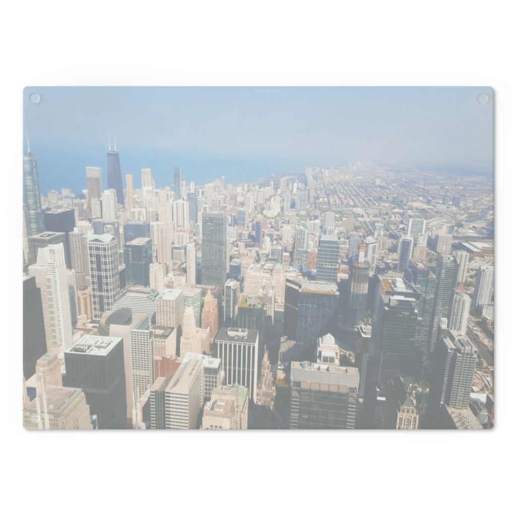 Chicago Skyline Cutting Board made of tempered glass with rubber dots for stability, featuring a beautiful skyline design.