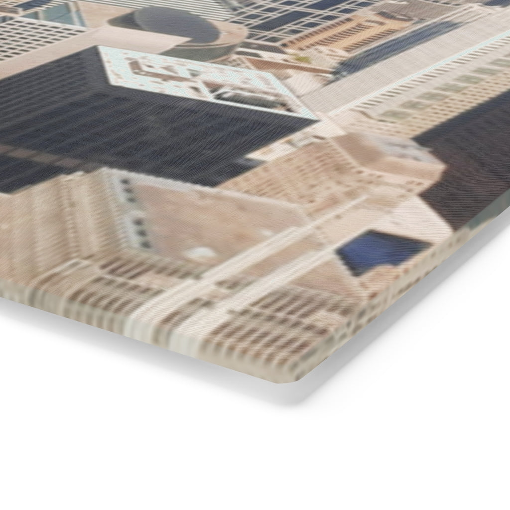 Chicago Skyline Cutting Board made of tempered glass with rubber dots for stability, featuring a beautiful skyline design.