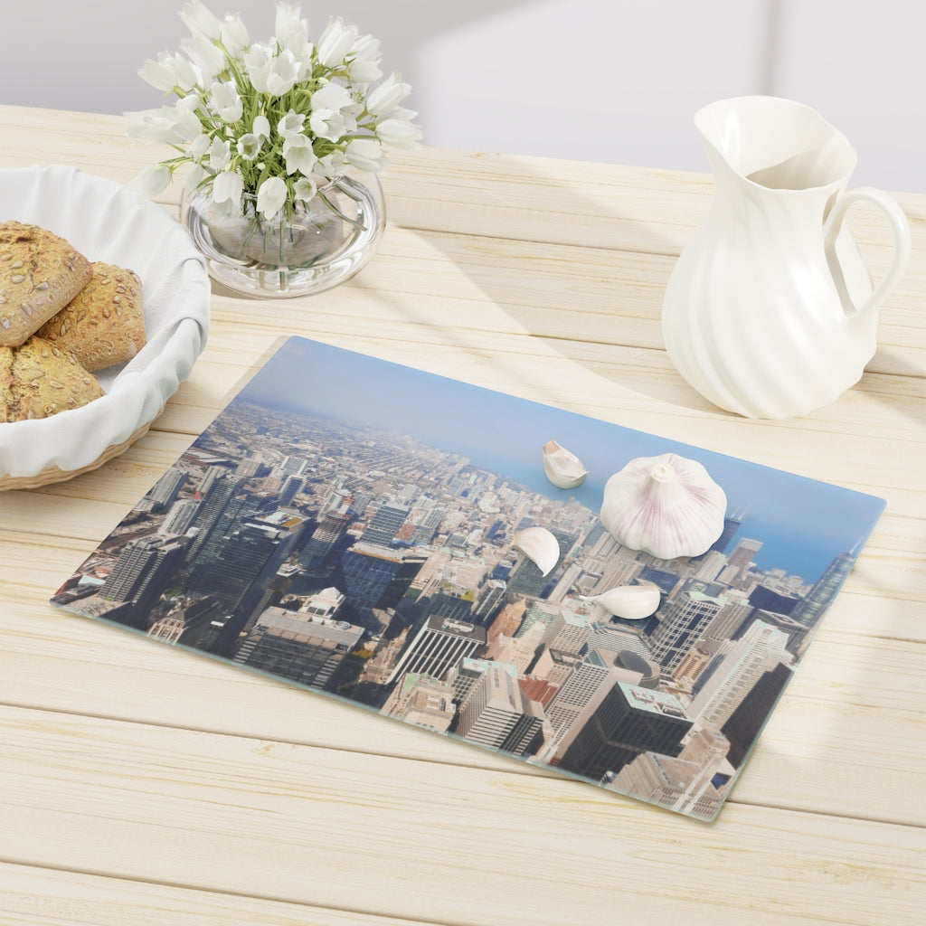 Chicago Skyline Cutting Board made of tempered glass with rubber dots for stability, featuring a beautiful skyline design.
