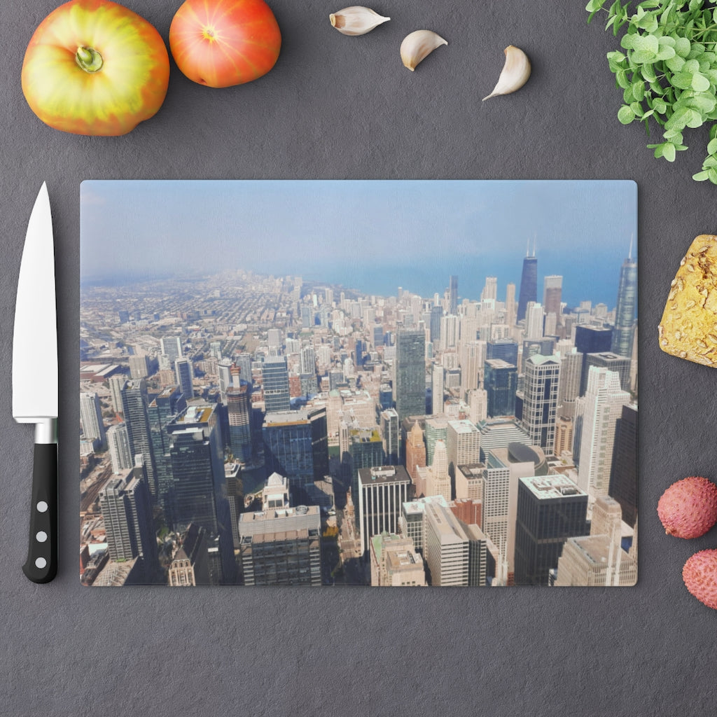 Chicago Skyline Cutting Board made of tempered glass with rubber dots for stability, featuring a beautiful skyline design.