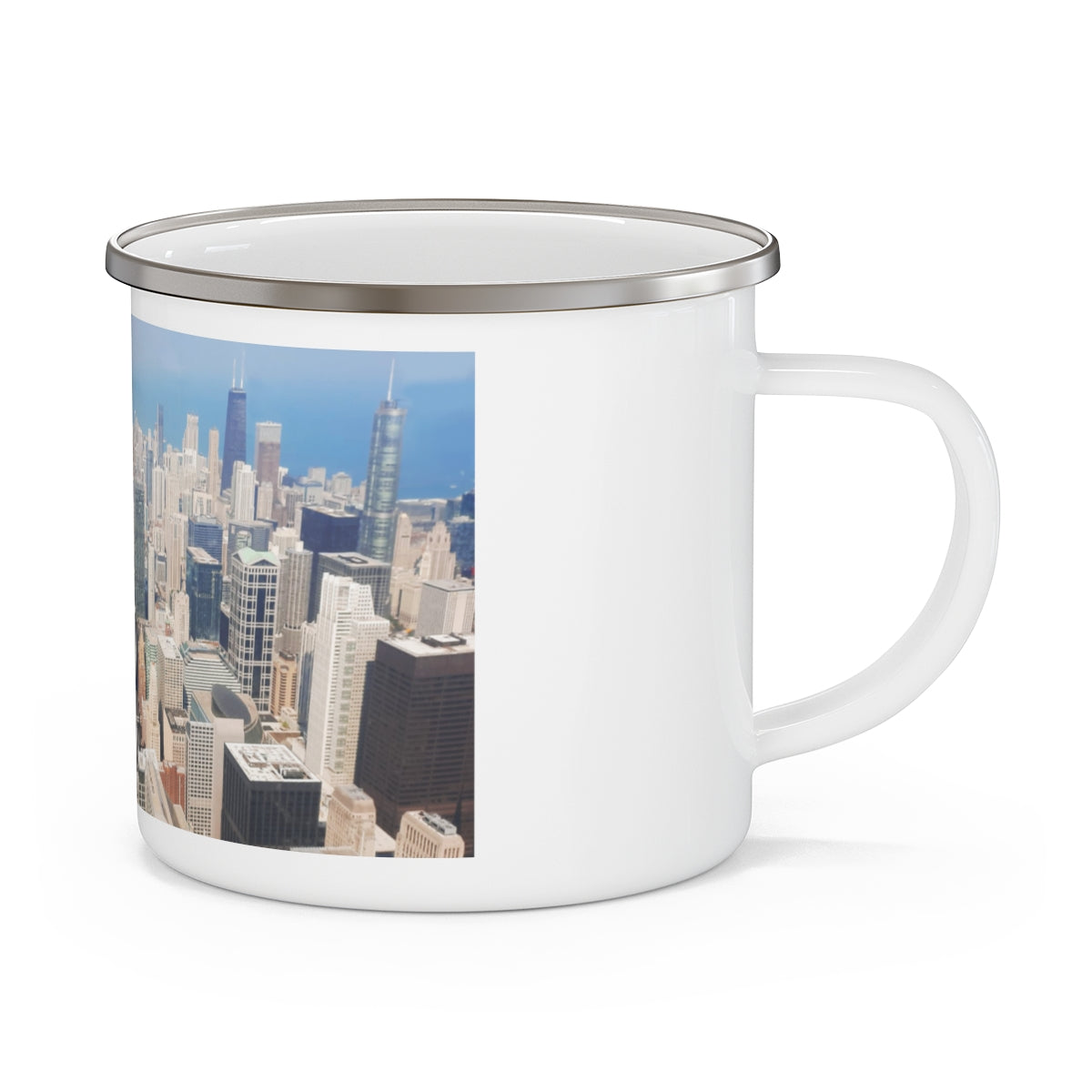 Chicago Skyline Enamel Camping Mug showcasing a vibrant skyline design, perfect for outdoor use.