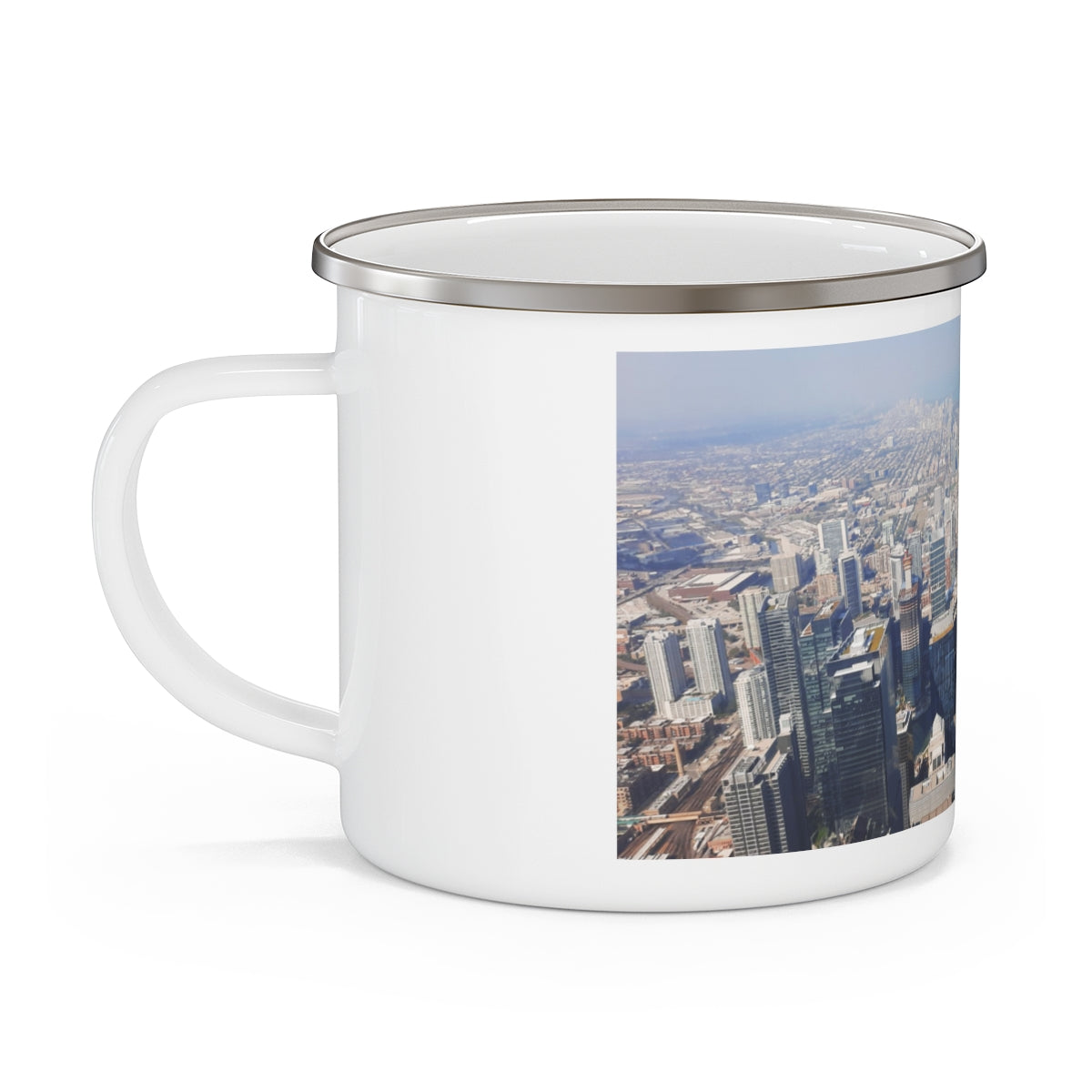 Chicago Skyline Enamel Camping Mug showcasing a vibrant skyline design, perfect for outdoor use.