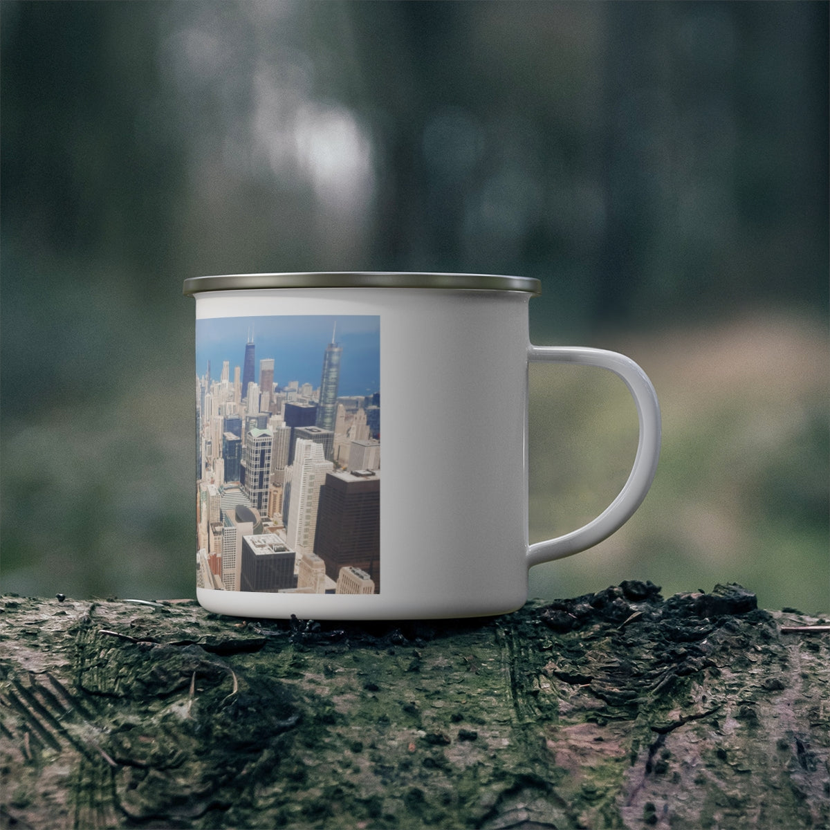 Chicago Skyline Enamel Camping Mug showcasing a vibrant skyline design, perfect for outdoor use.