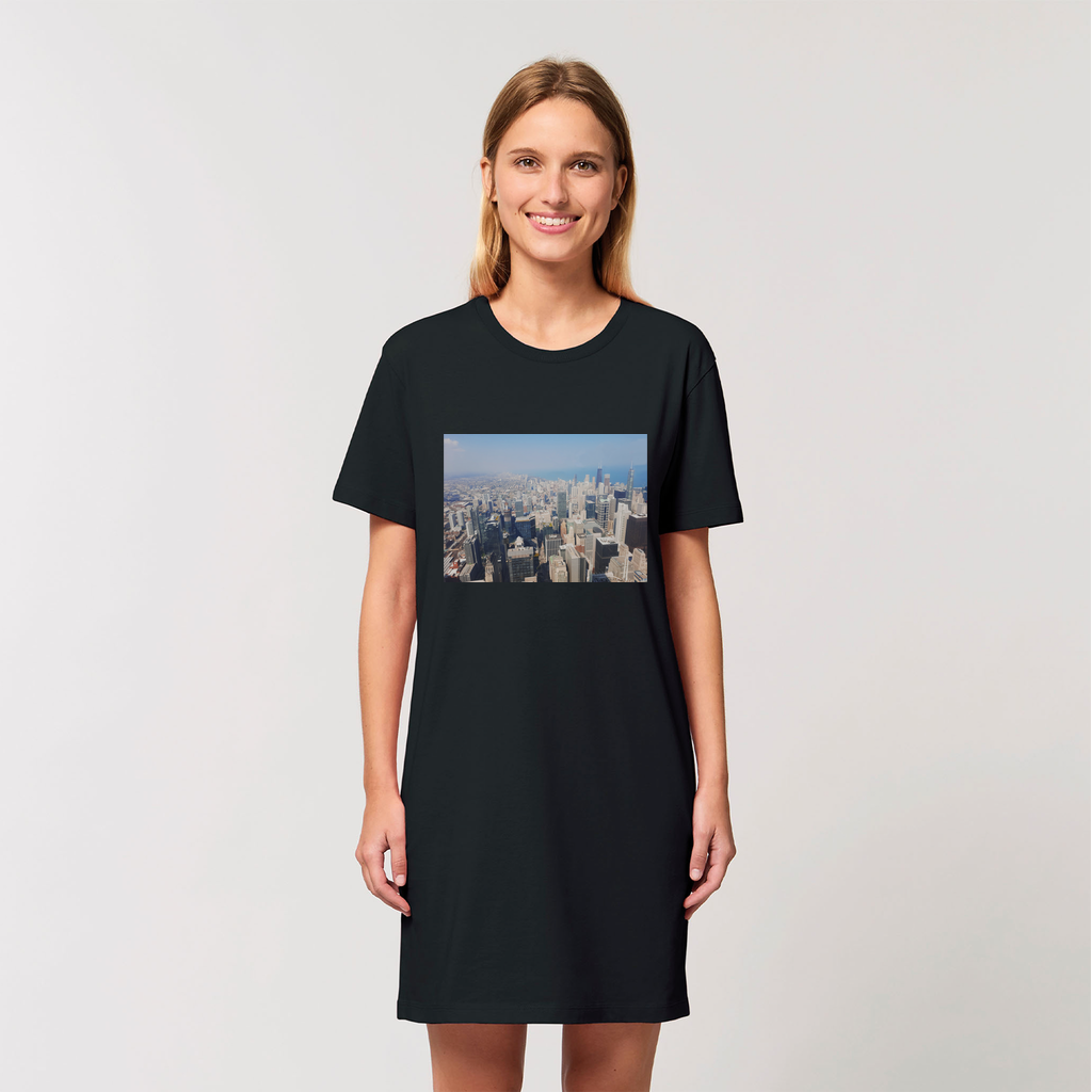Chicago Skyline Organic T-Shirt Dress made from 100% organic cotton, featuring a stylish skyline print and comfortable fit.