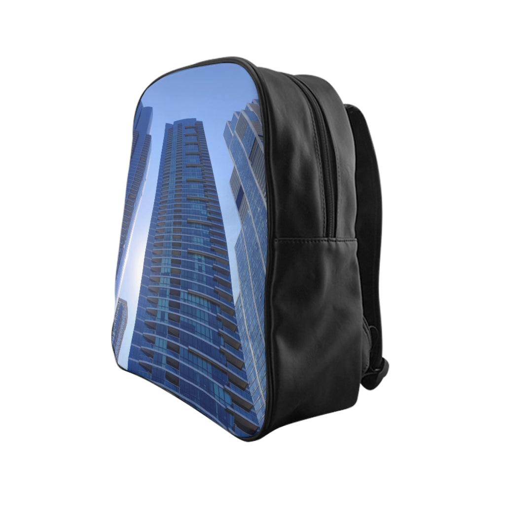 Chicago Skyline School Backpack featuring a vibrant skyline print, padded back, and multiple inside pockets for organization.