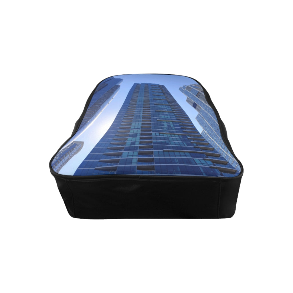 Chicago Skyline School Backpack featuring a vibrant skyline print, padded back, and multiple inside pockets for organization.