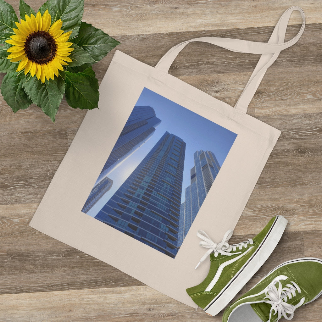 Chicago Skyline Tote Bag featuring long handles and vibrant colors, made from 100% cotton fabric.