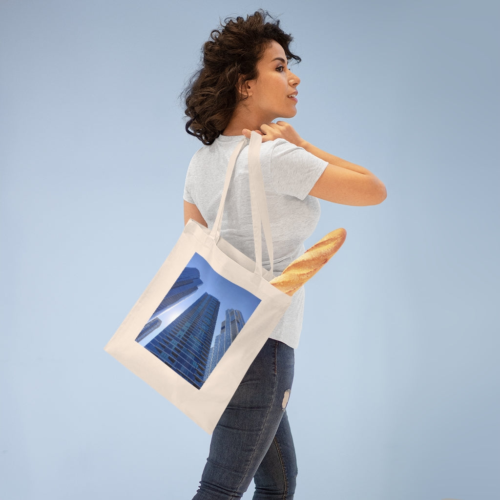 Chicago Skyline Tote Bag featuring long handles and vibrant colors, made from 100% cotton fabric.