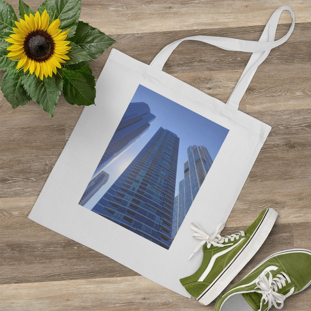 Chicago Skyline Tote Bag featuring long handles and vibrant colors, made from 100% cotton fabric.
