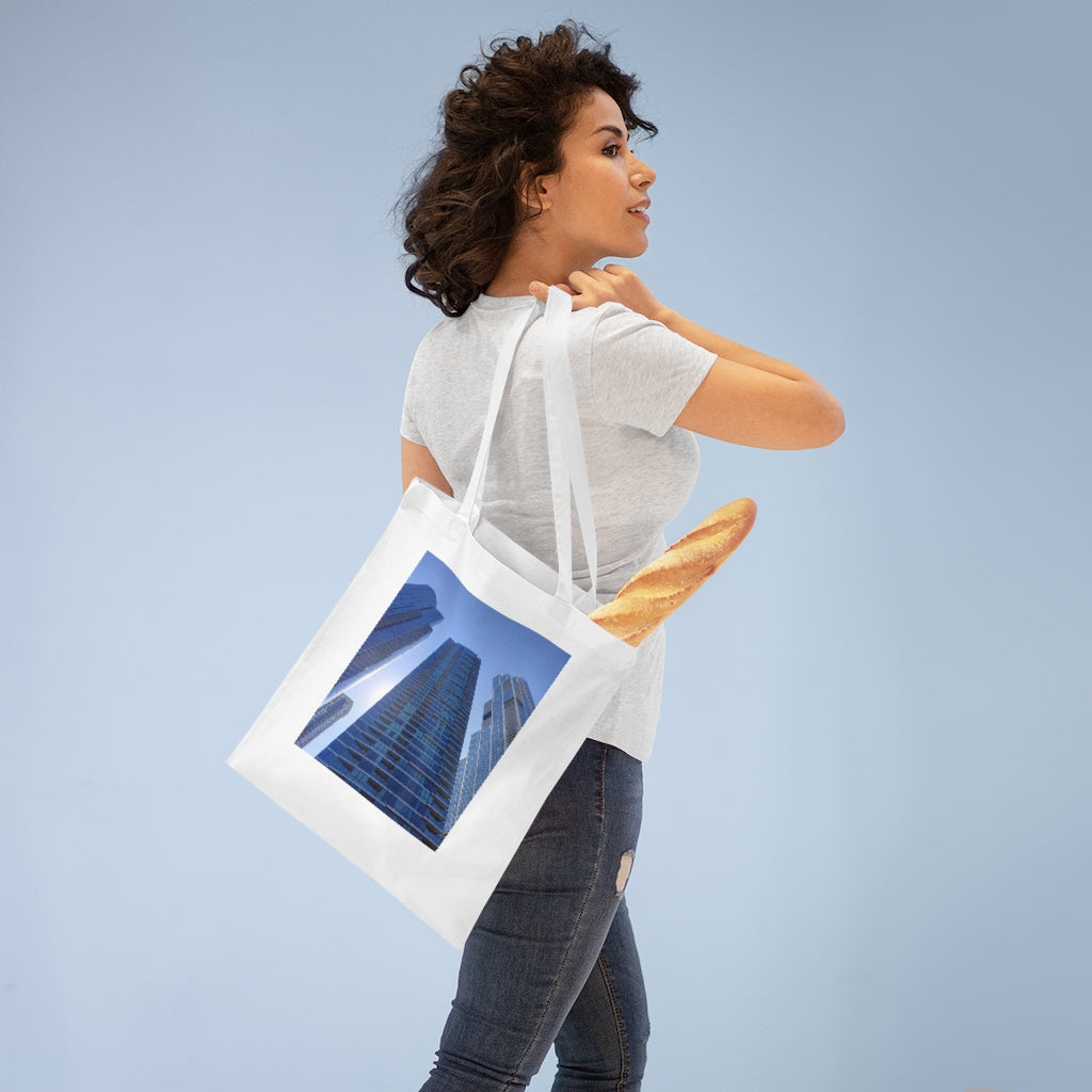 Chicago Skyline Tote Bag featuring long handles and vibrant colors, made from 100% cotton fabric.