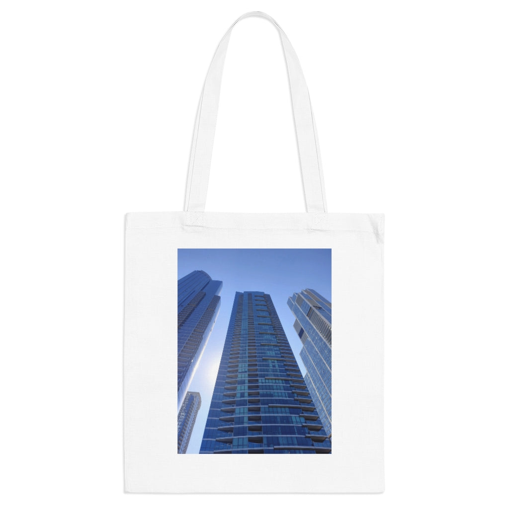 Chicago Skyline Tote Bag featuring long handles and vibrant colors, made from 100% cotton fabric.