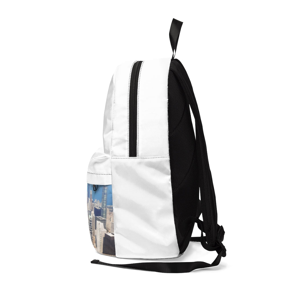 Chicago Skyline Unisex Classic Backpack featuring a vibrant skyline design, adjustable straps, and durable nylon material.
