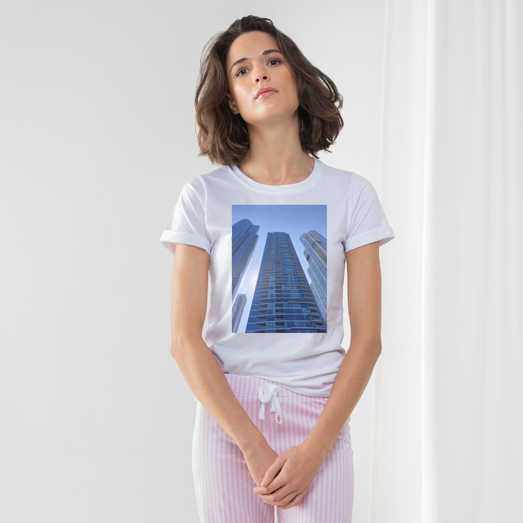 Chicago Skyline Women's Long Pant Pyjama Set featuring a white t-shirt, striped pants, and matching drawcord bag, perfect for lounging.