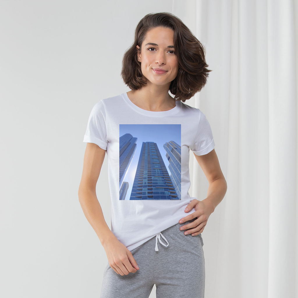 Chicago Skyline Women's Long Pant Pyjama Set featuring a white t-shirt, striped pants, and matching drawcord bag, perfect for lounging.