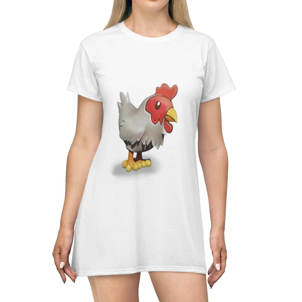 A vibrant Chicken All Over Print T-Shirt Dress showcasing a playful chicken pattern on a lightweight fabric, perfect for casual wear.