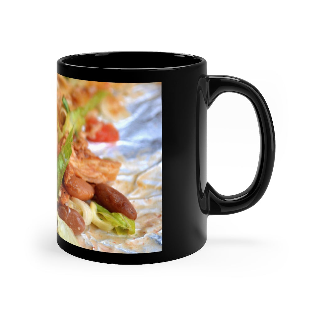 A stylish black ceramic mug with a C-handle, featuring an 11oz capacity, perfect for coffee, tea, or hot chocolate.