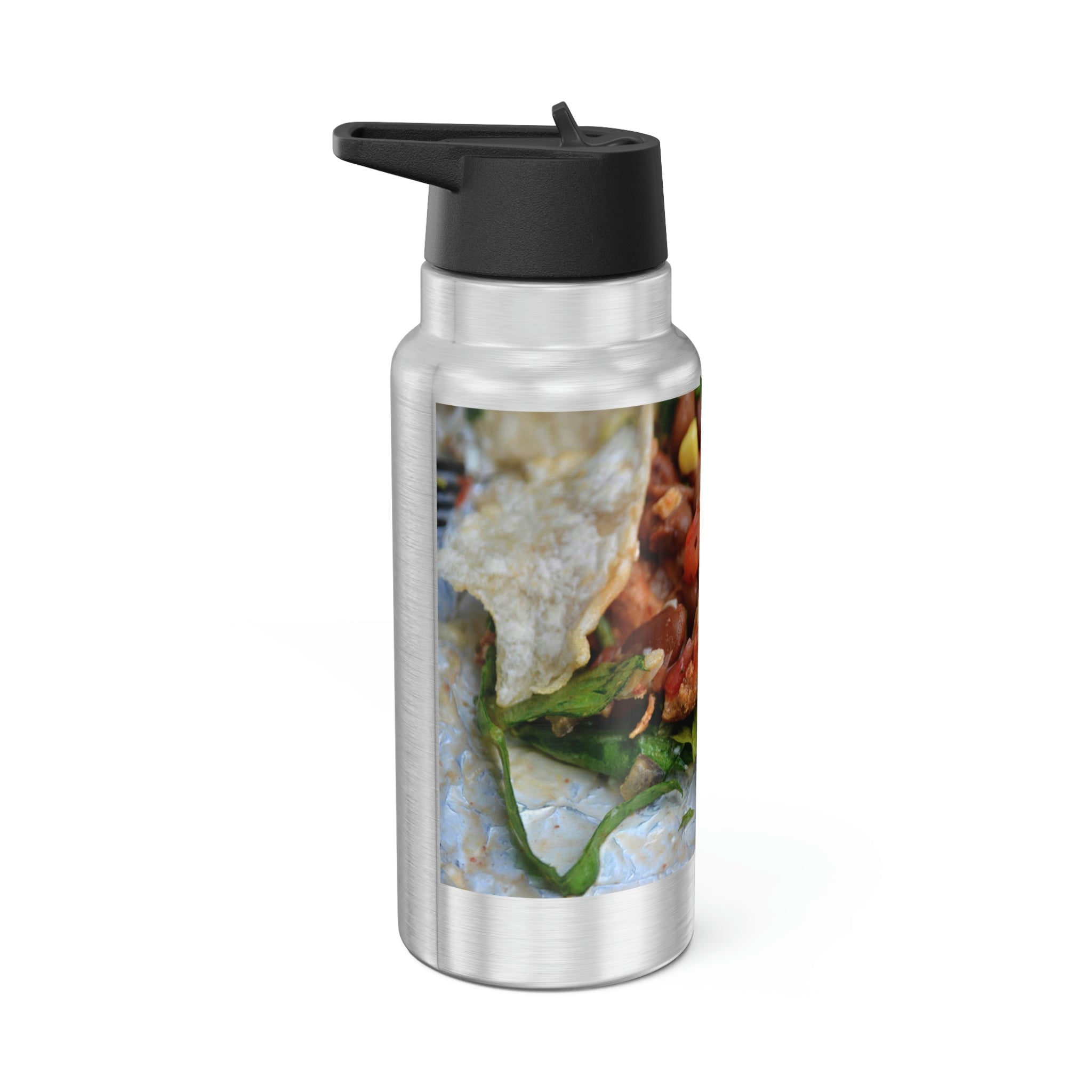 A 32oz Chicken Burrito Gator Tumbler made of stainless steel with a black screw-on cap and a plastic straw, featuring customizable designs.