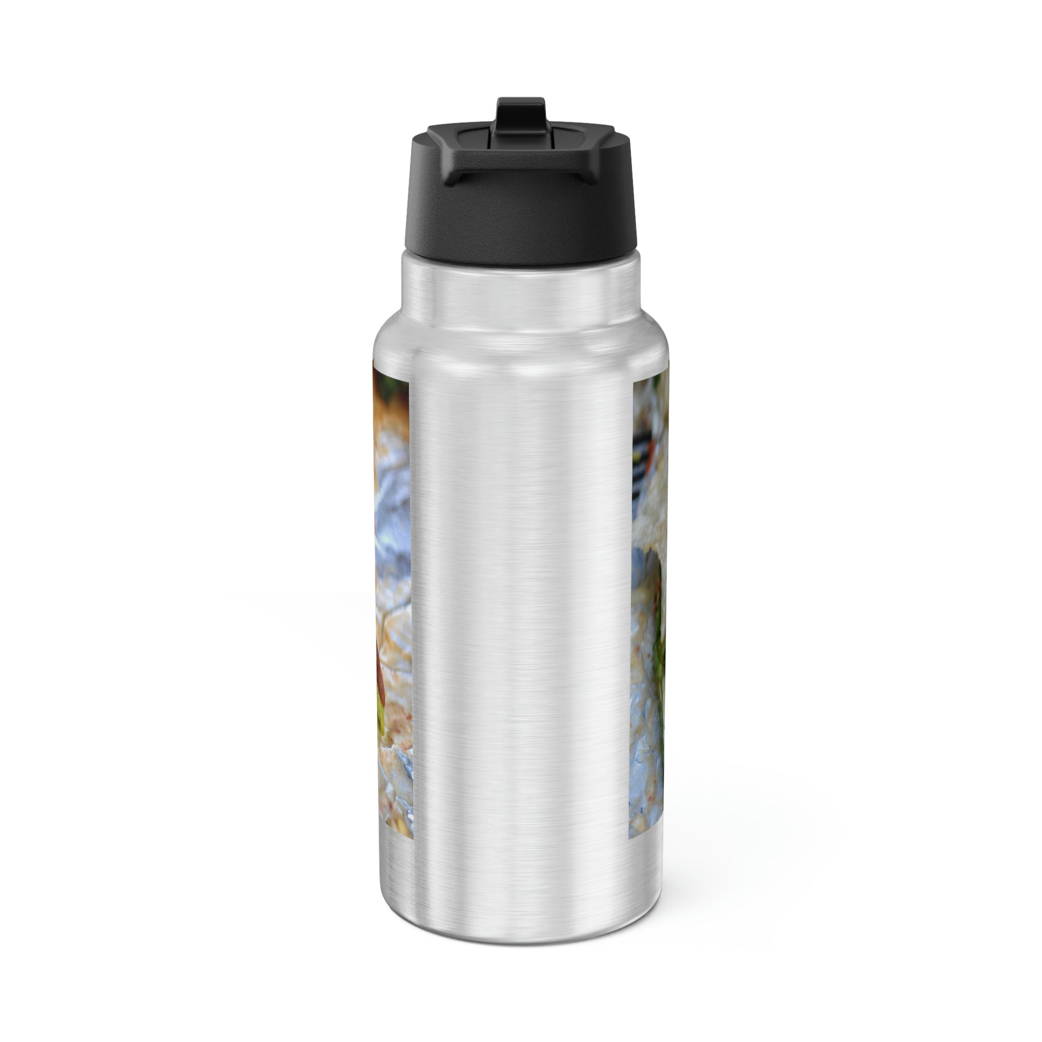 A 32oz Chicken Burrito Gator Tumbler made of stainless steel with a black screw-on cap and a plastic straw, featuring customizable designs.