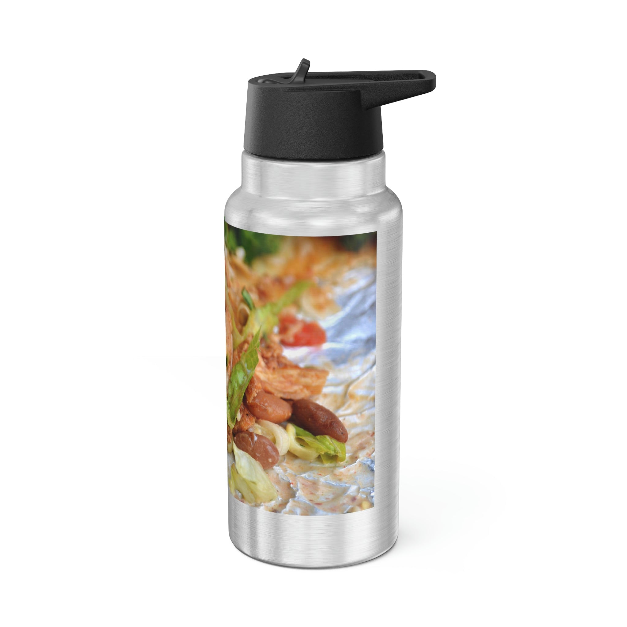 A 32oz Chicken Burrito Gator Tumbler made of stainless steel with a black screw-on cap and a plastic straw, featuring customizable designs.