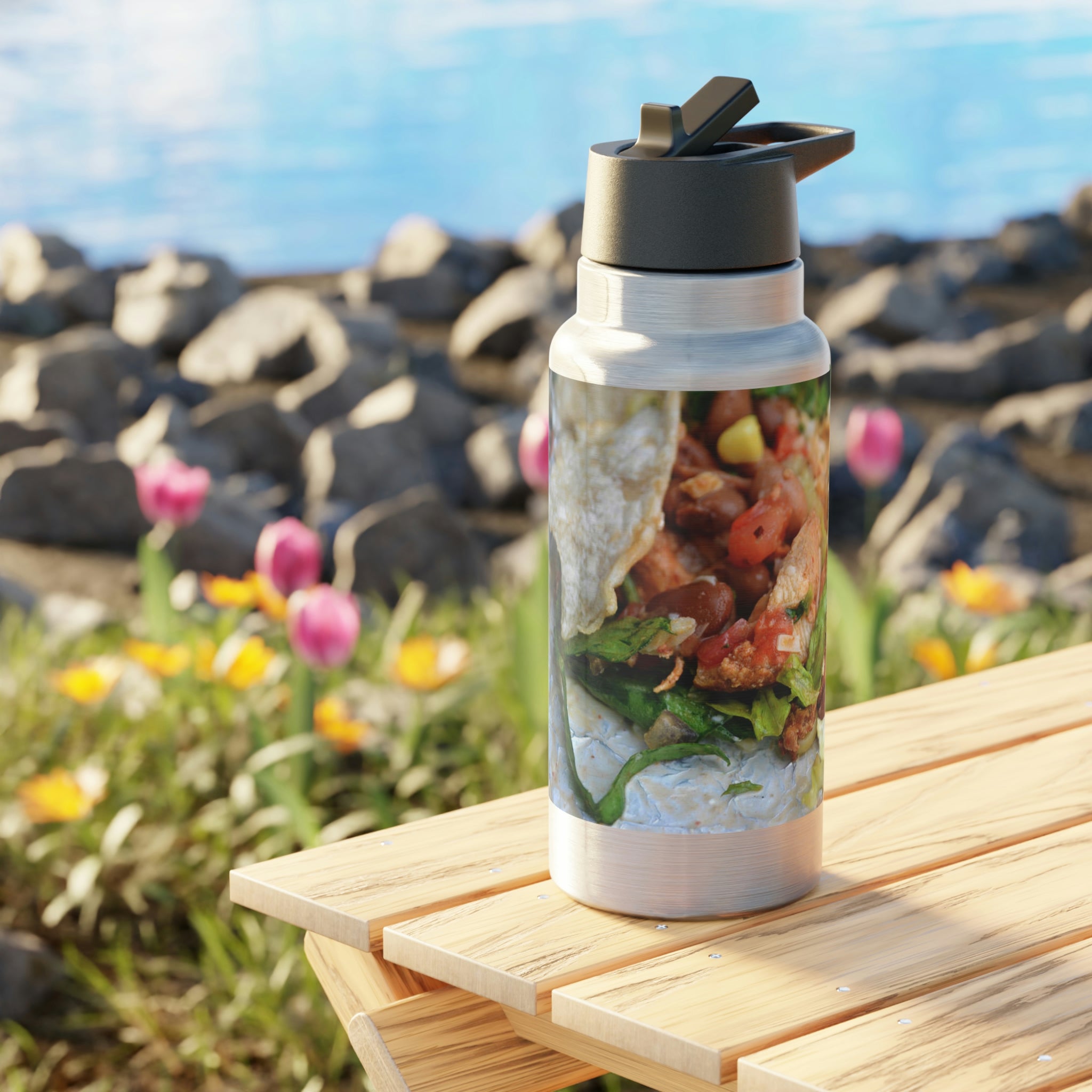 A 32oz Chicken Burrito Gator Tumbler made of stainless steel with a black screw-on cap and a plastic straw, featuring customizable designs.