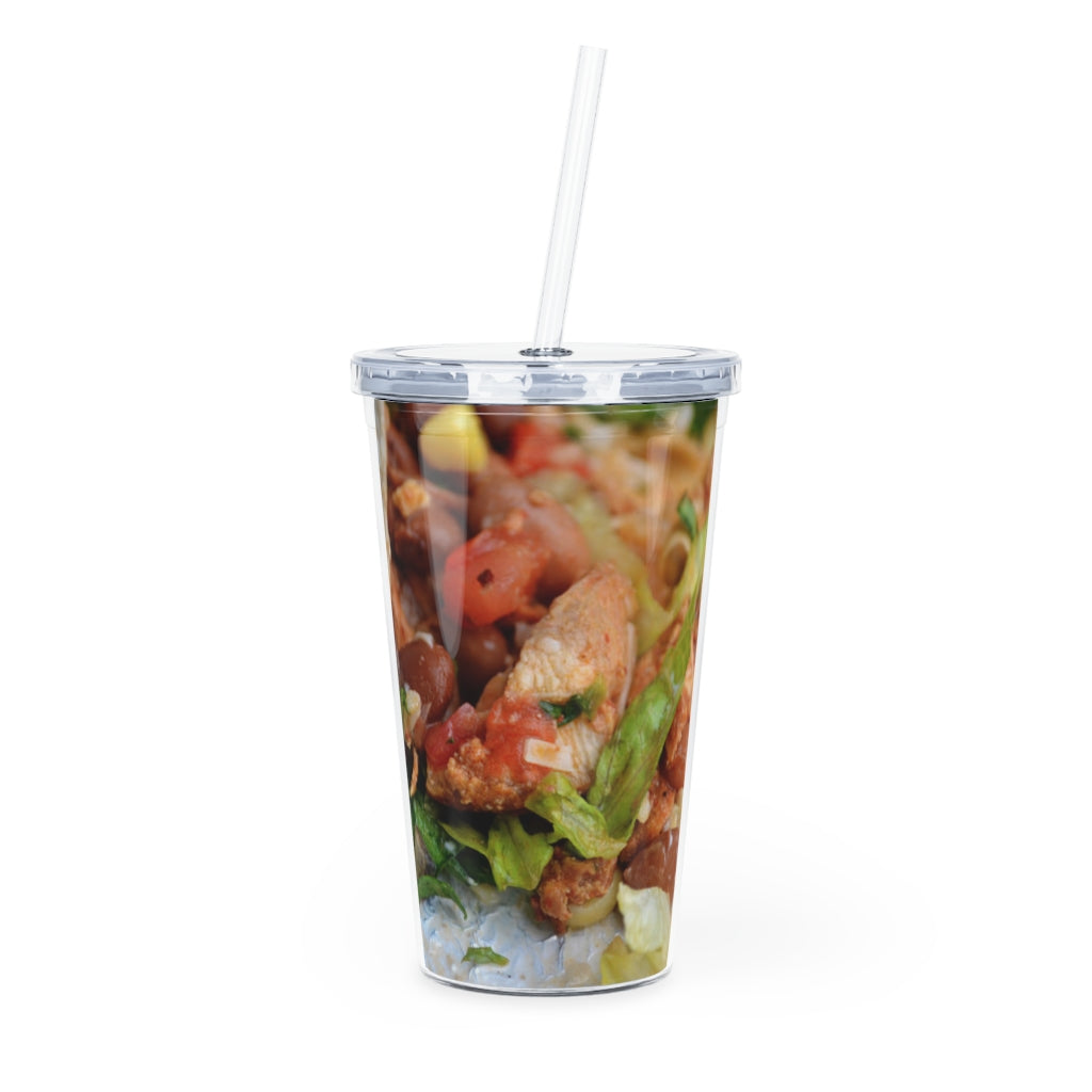 A colorful Chicken Burrito Plastic Tumbler with a straw, showcasing a vibrant design perfect for parties and gatherings.
