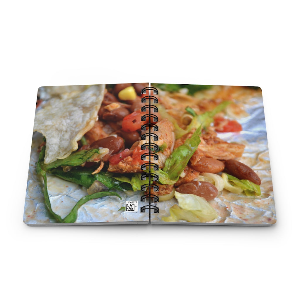 Chicken Burrito Spiral Bound Journal with a glossy laminated cover featuring a colorful burrito design, perfect for writing and note-taking.