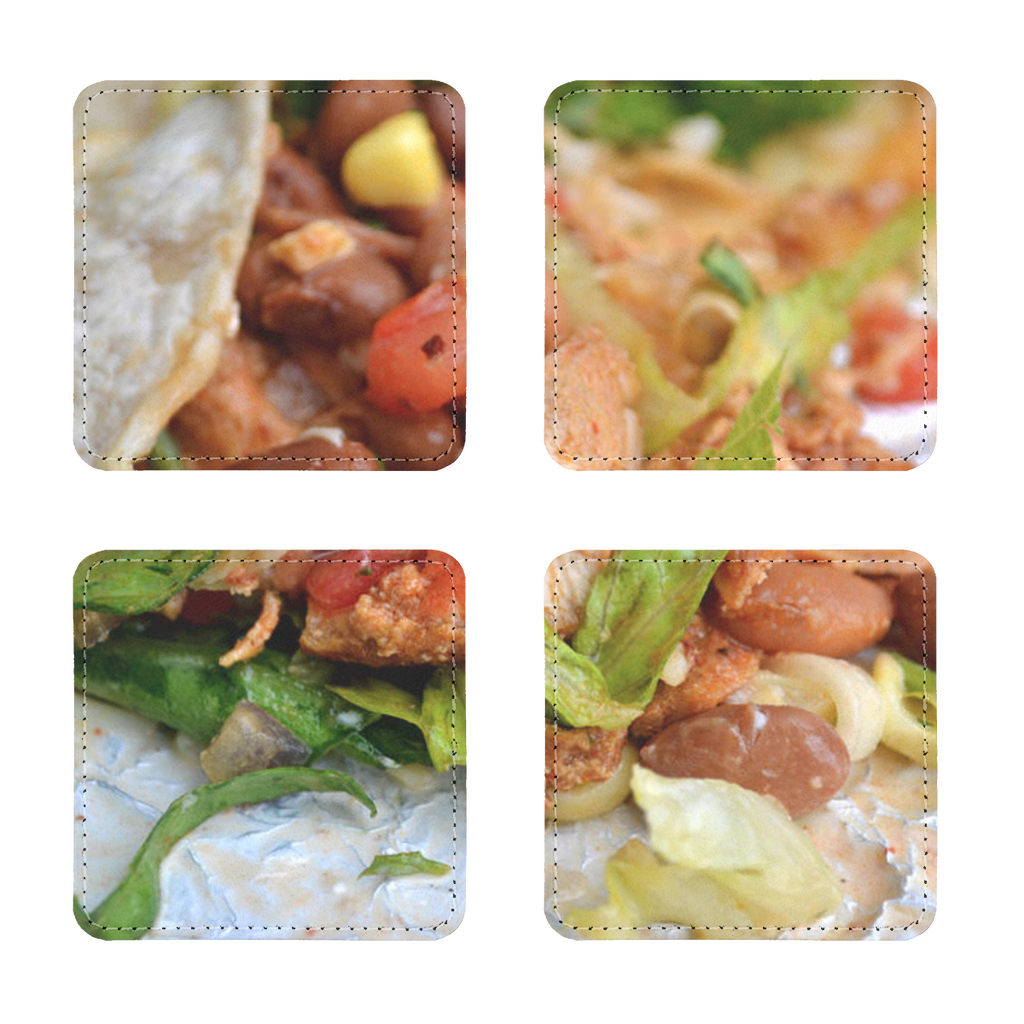 Pack of four Chicken Burrito Sublimation Coasters made of PU leather, featuring a white printable face and white stitching.
