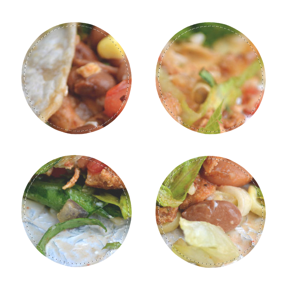 Pack of four Chicken Burrito Sublimation Coasters made of PU leather, featuring a white printable face and white stitching.
