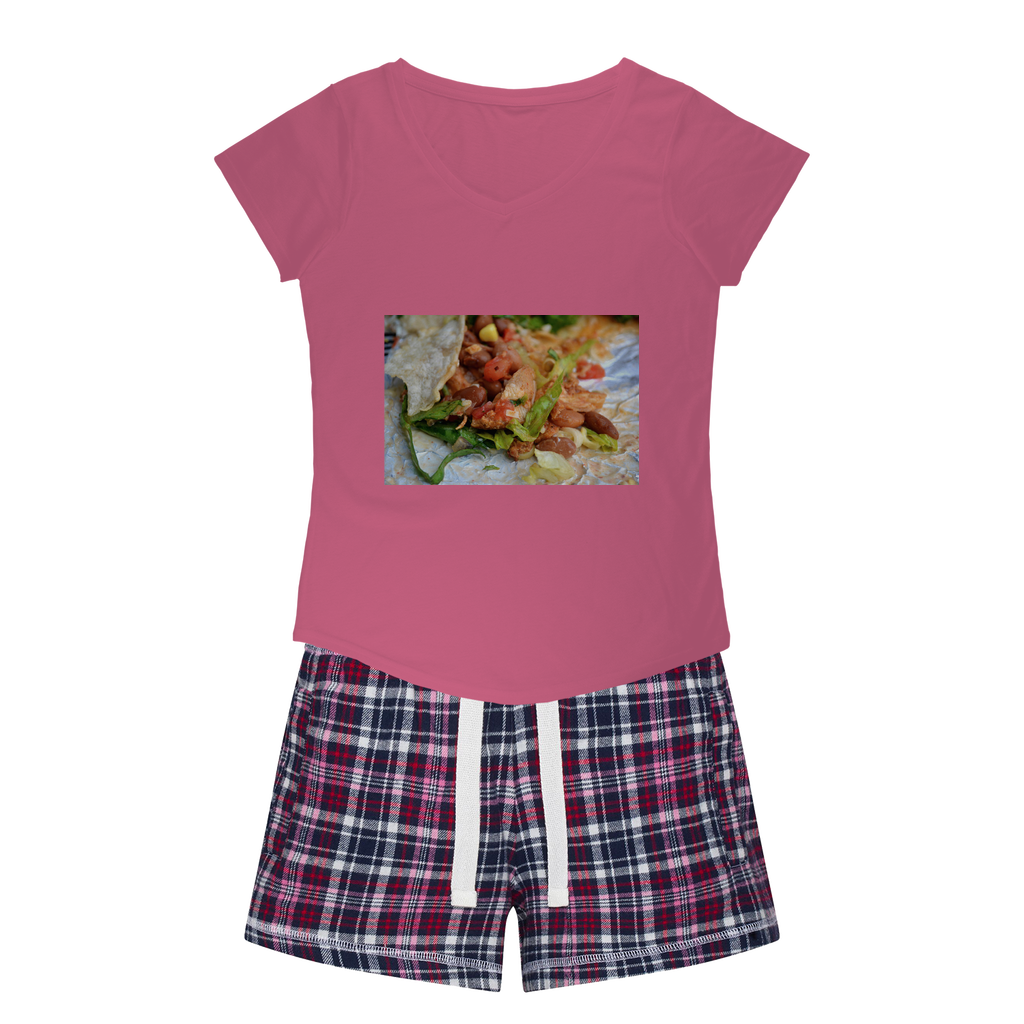 Chicken Burrito Women's Sleepy Tee and Flannel Shorts set featuring a relaxed fit T-shirt and colorful flannel shorts, perfect for comfort and style.