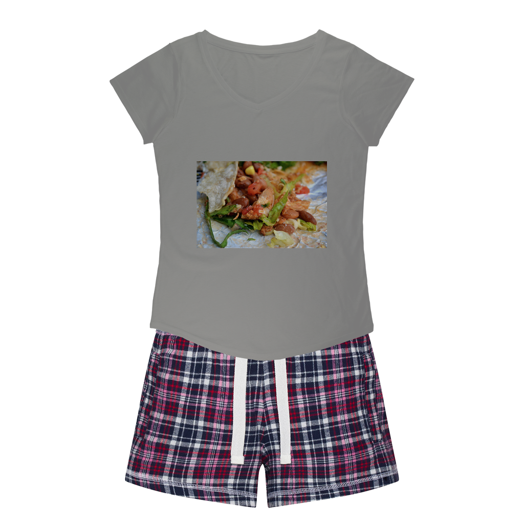 Chicken Burrito Women's Sleepy Tee and Flannel Shorts set featuring a relaxed fit T-shirt and colorful flannel shorts, perfect for comfort and style.