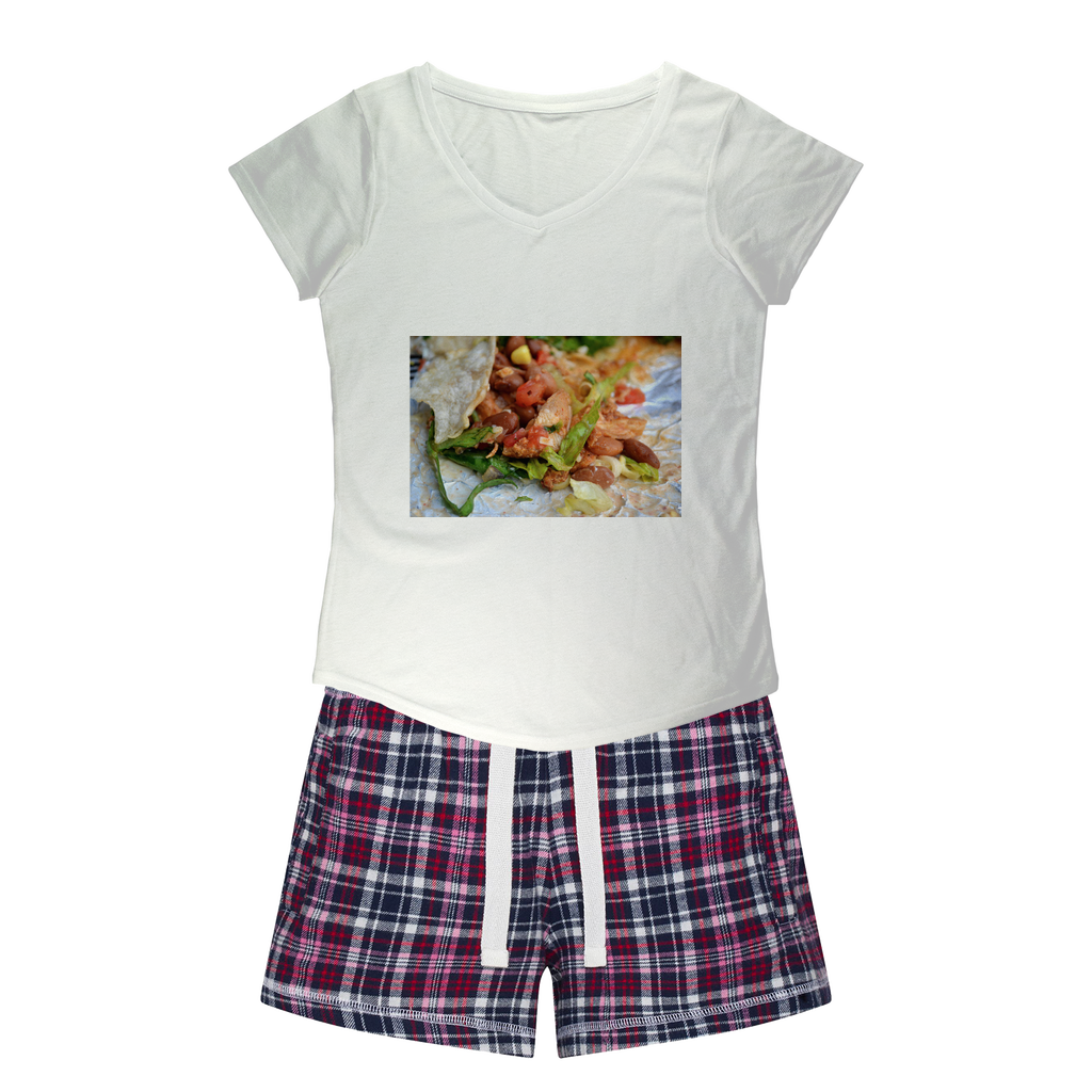 Chicken Burrito Women's Sleepy Tee and Flannel Shorts set featuring a relaxed fit T-shirt and colorful flannel shorts, perfect for comfort and style.
