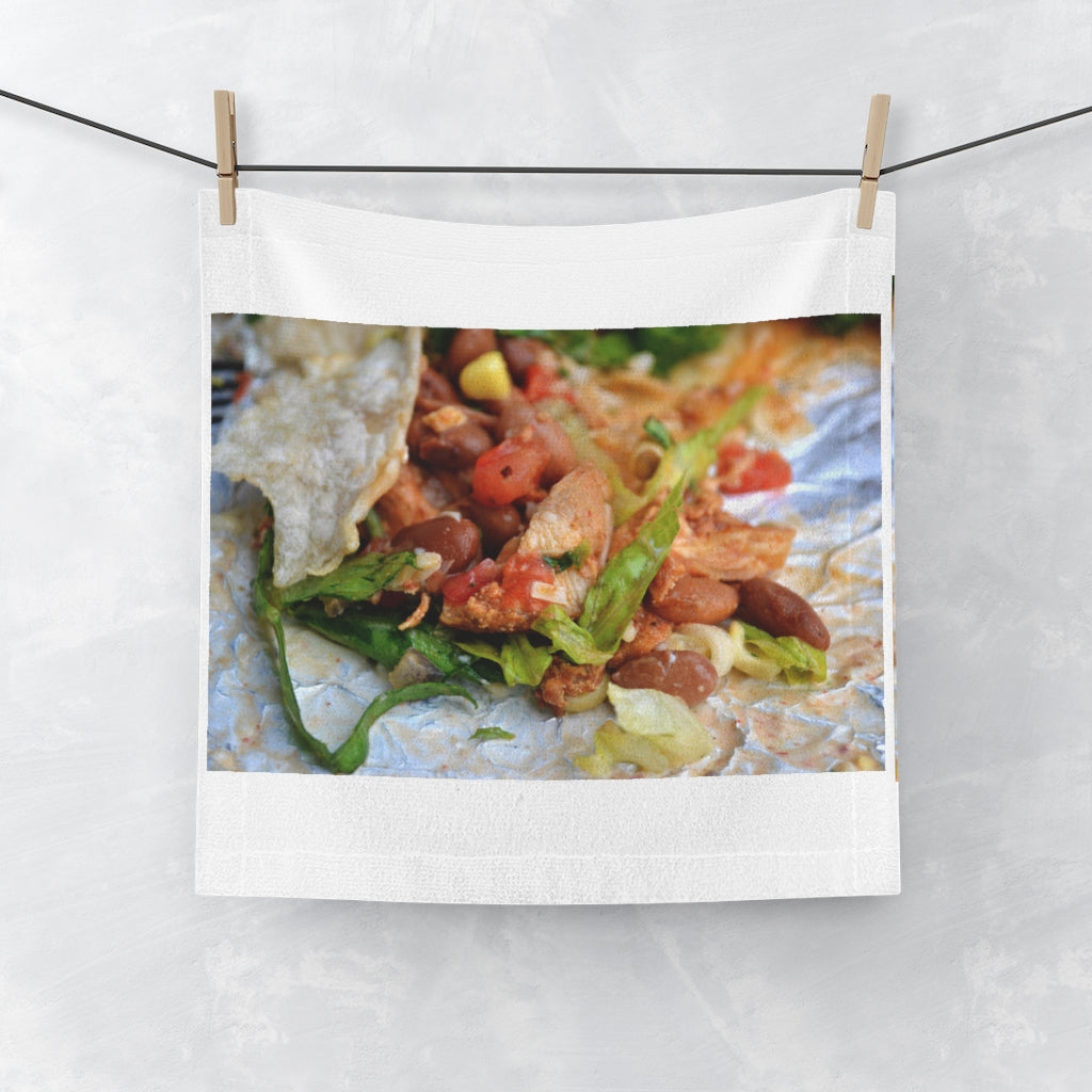 Custom Chicken Burritos Face Towel with vibrant polyester front and soft cotton back, perfect for bathroom use.