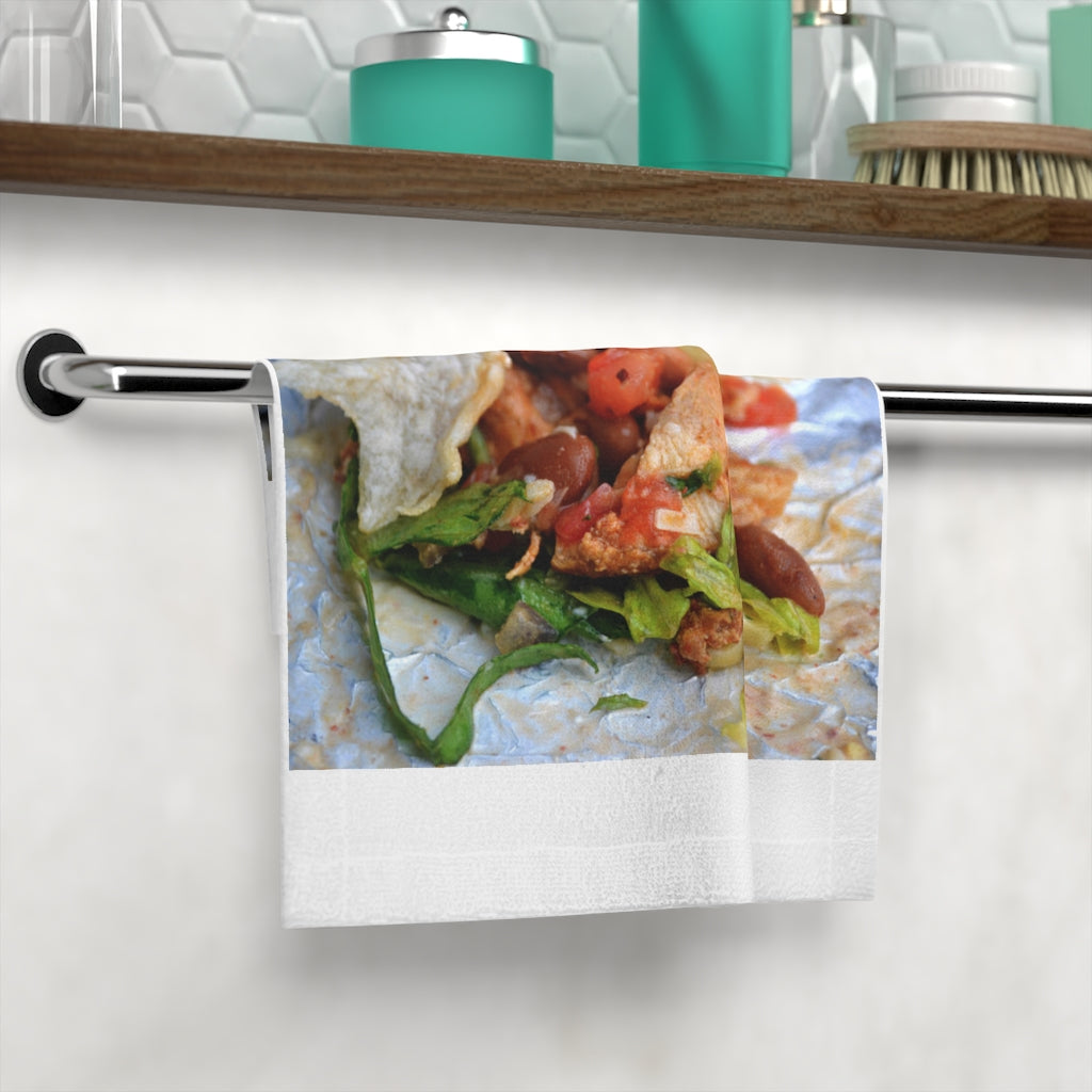 Custom Chicken Burritos Face Towel with vibrant polyester front and soft cotton back, perfect for bathroom use.